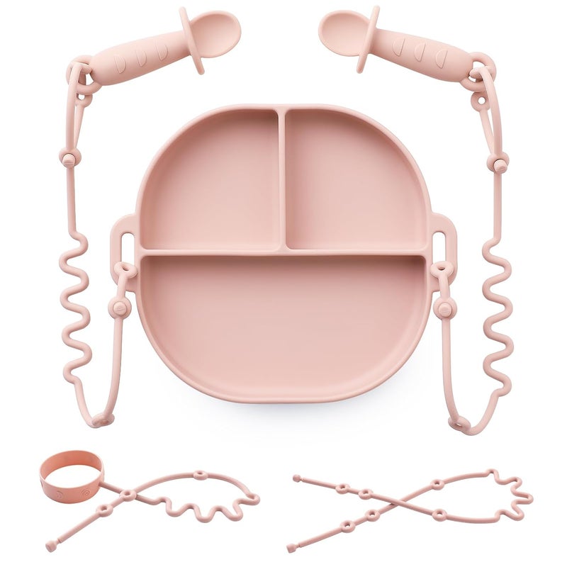 Andy Bear Store Silicone Plates for Babies with Suction Divided Baby Spoons Silicone Baby Toy Straps All-in-one Plates Silicone Placemat for Babies Toddlers Attachable Tethers & Built-in Suction Cups-Blush - Image 1